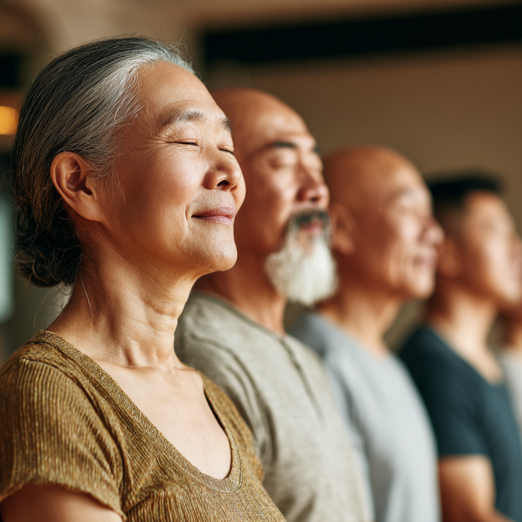 Группа улыбающихся людей среднего возраста европейской внешности практикует йогу на природе в утренних лучах солнца