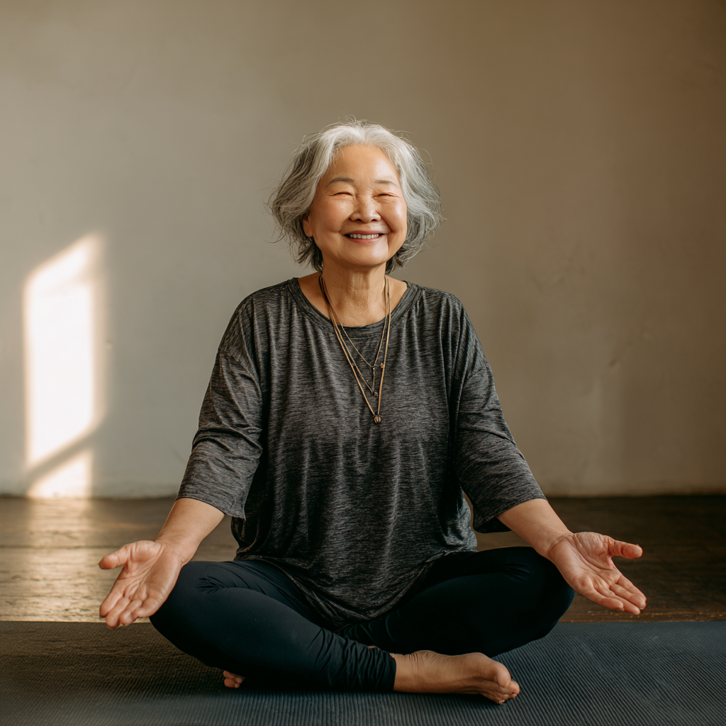 Довольная женщина среднего возраста европейской внешности выполняет упражнение йоги в современной студии, демонстрируя правильную технику